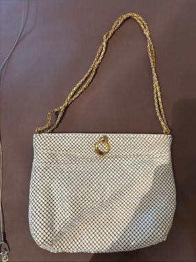 Whiting & Davis White and Black Mesh Shoulder Bag with Gold Chain Strap
